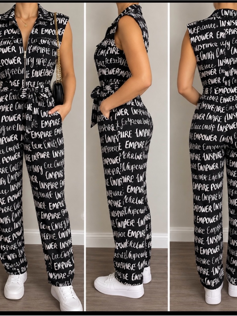 New York & Company Black White Empower Inspire Jumpsuit XS Belted